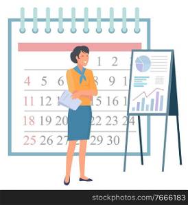 Businesswoman brainstorming, business consulting. Worker researching graph report, company success in deadline, planning work, calendar and diagram vector. Woman Researching Graph Report, Business Vector