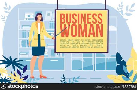 Businesswoman Career, Company Ceo Occupation, Successful Entrepreneur or Office Employee Job Trendy Flat Vector Banner, Poster. Woman in Business Dress Pointing with Pointer on Board Illustration