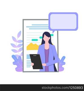 Businesswoman Cartoon Character with Report Paper Talk Presentation Vector Illustration. Professional Secretary Clipboard Personal Assistant Survey Female Office Worker Confident Girl. Businesswoman Cartoon Character with Report Paper