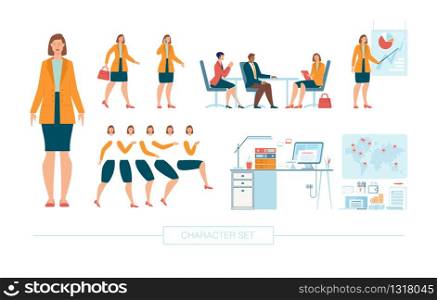 Businesswoman Character Constructor Isolated, Trendy Flat Design Elements Set. Female Business Leader Working in Office, Body Parts, Face Expressions, Work Table and Office Supplies Illustrations