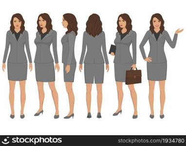 Businesswoman character design.Front, side, back view, Business girl. Cartoon young woman. flat vector isolated. Set of cartoon businesswomen character vector design