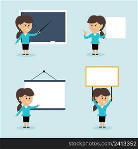Businesswoman character presentation decorative icons set with blackboard screen sign isolated vector illustration