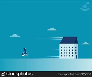 Businesswoman chasing a running house. Concept business symbol illustration. Vector cartoon character and abstract flat