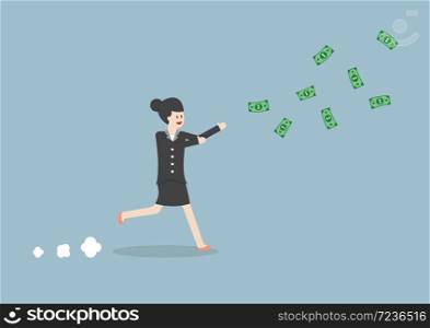 Businesswoman chasing falling dollar bills, VECTOR, EPS10