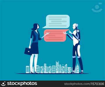 Businesswoman chatting for help bot. Concept business vector illustration, Chatbot, Message, Technology.