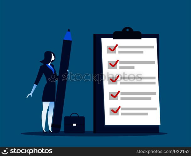 Businesswoman checklist on the clipboard. Concept business illustration. Vector