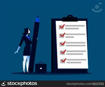 Businesswoman checklist on the clipboard. Concept business illustration. Vector