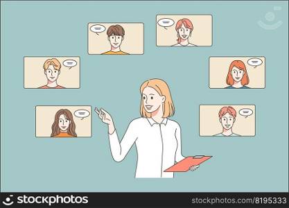 Businesswoman choose candidate for job vacancy in company. Female CEO or boos headhunting for employee. Hiring and employment. Vector illustration.. Businesswoman choose candidate for job vacancy