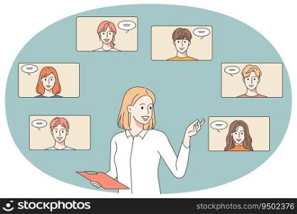 Businesswoman choose candidate for job vacancy in company. Female CEO or boos headhunting for employee. Hiring and employment. Vector illustration.. Businesswoman choose candidate for job vacancy