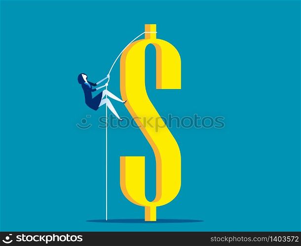 Businesswoman climbing dollar. Concept business finance and industry, Flat business cartoon, Character style design.