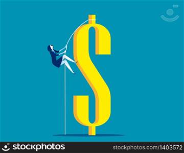 Businesswoman climbing dollar. Concept business finance and industry, Flat business cartoon, Character style design.