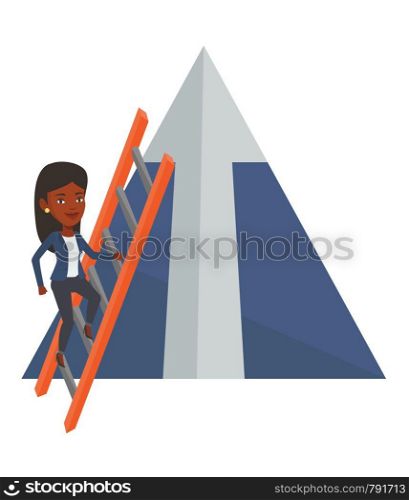 Businesswoman climbing the ladder. Businesswoman climbing on mountain with arrow going up. Woman climbing upward on the top of mountain. Vector flat design illustration isolated on white background.. Businesswoman climbing on mountain.