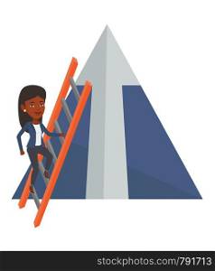 Businesswoman climbing the ladder. Businesswoman climbing on mountain with arrow going up. Woman climbing upward on the top of mountain. Vector flat design illustration isolated on white background.. Businesswoman climbing on mountain.