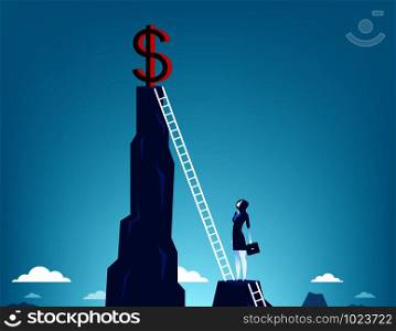 Businesswoman climbing to dollar sign. Concept business vector.