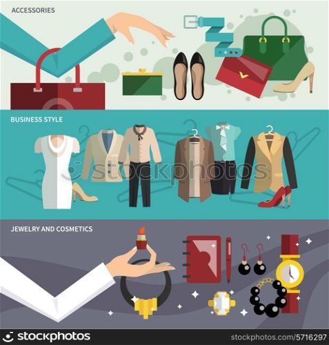 Businesswoman clothes banner set with accessories business style jewelry and cosmetics isolated vector illustration
