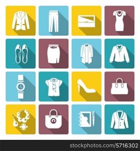 Businesswoman clothes flat icon set with elegant fashion shoes dress and accessories isolated vector illustration