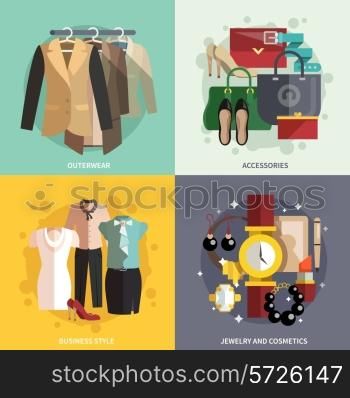 Businesswoman clothes icons flat set with outwear accessories business style jewelry and cosmetics isolated vector illustration