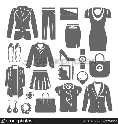 Businesswoman clothes set with high heel shoes bag dress isolated vector illustration