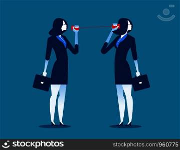 Businesswoman communicating through tin cans. Concept business communication. Vector flat.