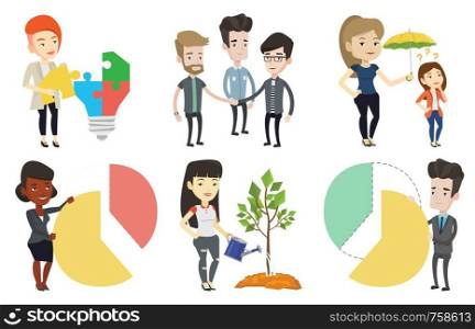 Businesswoman completing light bulb made of puzzle. Businesswoman inserts the missing puzzle in light bulb. Business idea concept. Set of vector flat design illustrations isolated on white background.. Vector set of business characters.