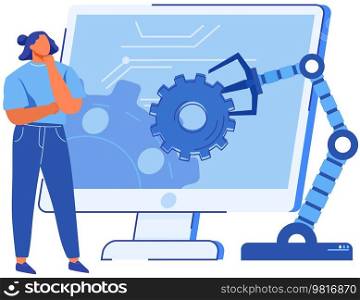 Businesswoman conducting experiments with mechanical arm. Artificial intelligence for startup development. Robotic arm near computer screen with settings option. Modern technology for business project. Woman working with startup development. Robotic arm near computer screen with settings option