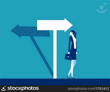 Businesswoman confused with the direction of the arrow sign. The arrow shadow in opposite direction