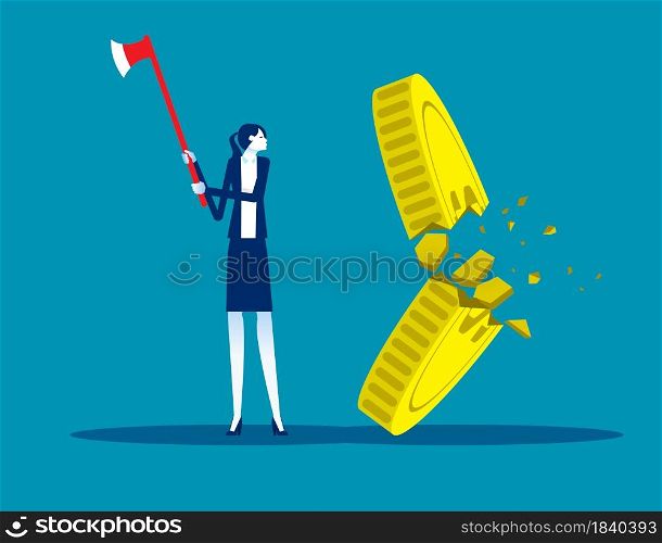 Businesswoman cut the gold coin with ax. Financial crack concept