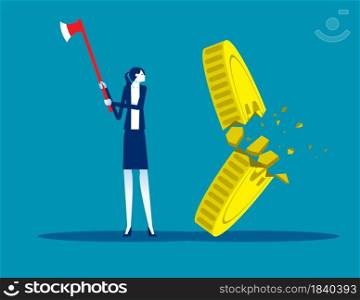 Businesswoman cut the gold coin with ax. Financial crack concept