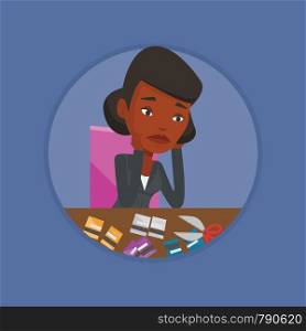 Businesswoman cutting credit card. Businesswoman sitting at the desk with cut credit card. Woman cutting credit card with scissors. Vector flat design illustration in the circle isolated on background. Business woman bankrupt cutting her credit card.