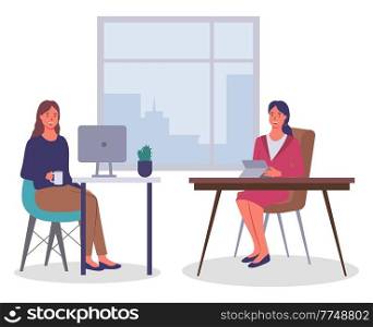 Businesswoman discussing, talking, sitting near window, office workers, colleagues communicating, sitting at table with computer and castus, holding cup, coffeebreak in office, ladies conversation. Businesswoman discussing, talking, sitting near window, office workers, colleagues communicating