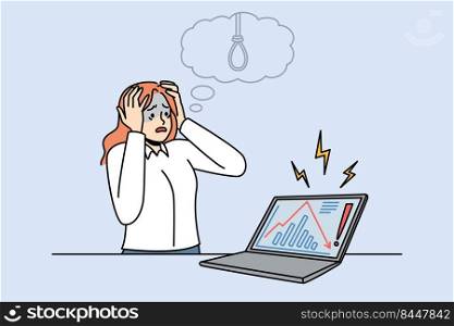 Businesswoman distressed with stock market crisis and fall. Stressed woman CEO panic with financial problems looking at computer screen. Vector illustration.. Businesswoman stressed with market crisis