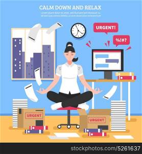 Businesswoman Doing Meditation Flat Illustration. Businesswoman doing meditation on chair near computer boxes and documents on blue wall background flat vector illustration