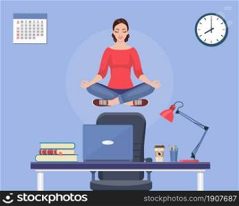 Businesswoman doing yoga to calm down the stressful emotion from hard work in office over desk with office Concept of meditation . Vector illustration in flat style. Businesswoman doing yoga
