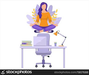Businesswoman doing yoga to calm down the stressful emotion from hard work in office over desk with office Concept of meditation . Vector illustration in flat style. Businesswoman doing yoga