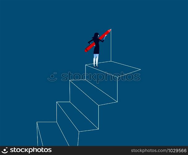 Businesswoman drawing outline of steps with pen. Concept business vector illustration.