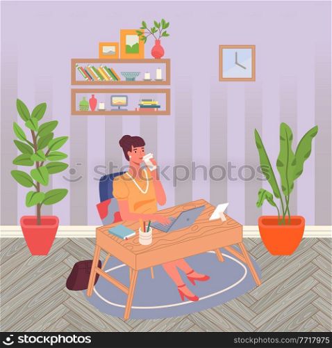 Businesswoman drinking coffee or tea working with laptop sitting at table at home. Smiling confident woman with hairstyle, wearing accessories in stylish office dress. Working from home, distance work. Businesswoman drinking coffee or tea sitting at table in room, distance work, working from home