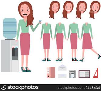 Businesswoman drinking water from cooler character set with different poses, emotions, gestures. Part of body, folder, diary, calculator. Can be used for topics like lifestyle, office, secretary