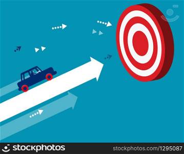 Businesswoman driving reach goal. Concept business vector illustration. Flat business cartoon, Driving, Car, Target.