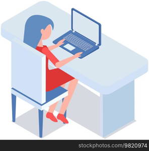 Businesswoman entrepreneur in business suit working at her office desk. Woman sitting with laptop surfing internet. Manager uses computer, modern technology for work. Clerk, office worker at workplace. Woman sitting with laptop surfing internet at workplace. Female manager uses computer for work
