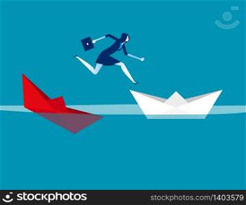 Businesswoman escaping sunken paper boat ship. Concept business vector illustration, Flat character design, Cartoon business style.