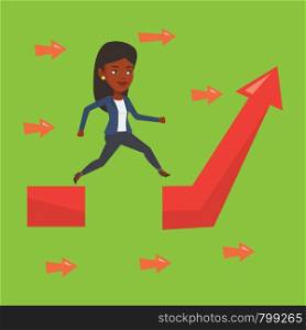 Businesswoman facing with business obstacle. An african-american businesswoman coping with business obstacle successfully. Business obstacle concept. Vector flat design illustration. Square layout.. Business woman jumping over gap on arrow going up.
