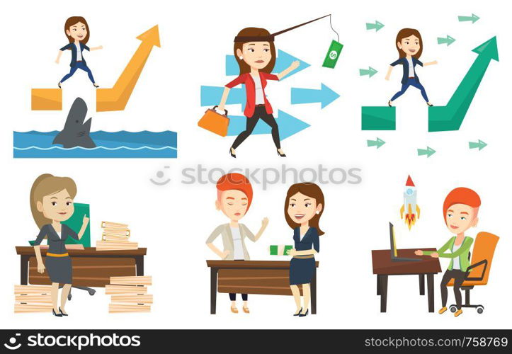 Businesswoman facing with business obstacle. Businesswoman coping with business obstacle successfully. Business obstacle concept. Set of vector flat design illustrations isolated on white background.. Vector set of business characters.