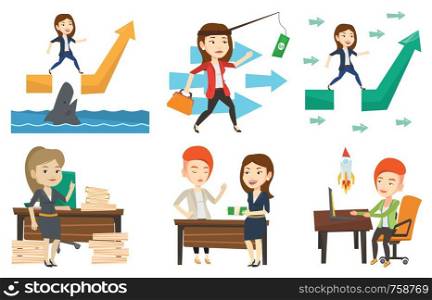 Businesswoman facing with business obstacle. Businesswoman coping with business obstacle successfully. Business obstacle concept. Set of vector flat design illustrations isolated on white background.. Vector set of business characters.