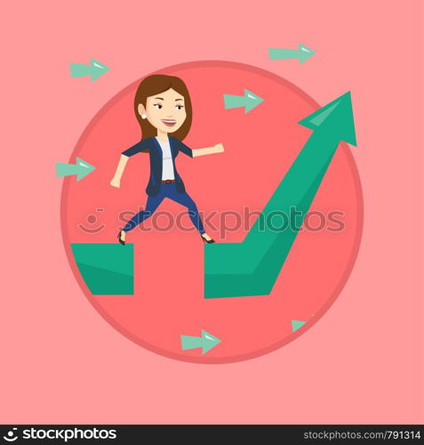 Businesswoman facing with business obstacle. Businesswoman coping with business obstacle successfully. Business obstacle concept. Vector flat design illustration in the circle isolated on background.. Business woman jumping over gap on arrow going up.