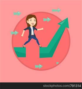 Businesswoman facing with business obstacle. Businesswoman coping with business obstacle successfully. Business obstacle concept. Vector flat design illustration in the circle isolated on background.. Business woman jumping over gap on arrow going up.