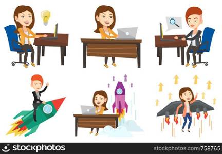 Businesswoman flying on business start up rocket. Businesswoman waving on business start up rocket. Business start up concept. Set of vector flat design illustrations isolated on white background.. Vector set of business characters.