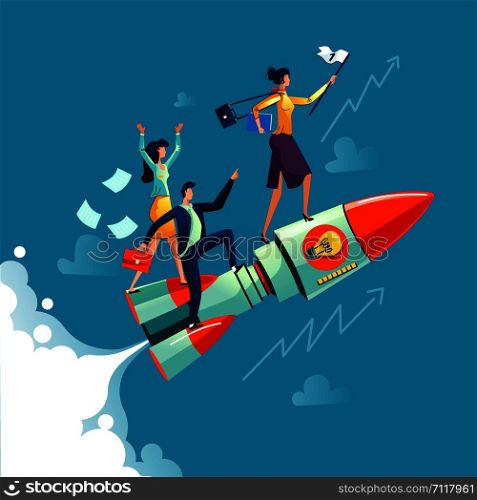 Businesswoman flying on rocket on background of sky, clouds and growth arrows, business concept cartoon vector. Successful female leader with number one flag and team flies on speed spaceship, startup. Businesswoman flying on rocket business concept