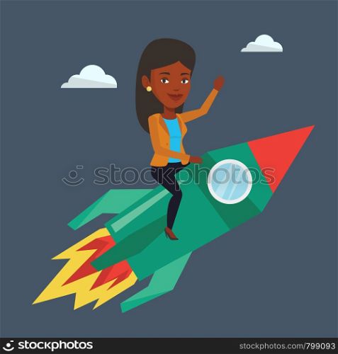 Businesswoman flying on the business start up rocket. An african-american businesswoman on business start up rocket waving. Business start up concept. Vector flat design illustration. Square layout.. Business start up vector illustration.