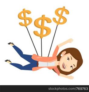 Businesswoman flying with dollar signs. Happy businesswoman gliding in the sky with dollars. Businesswoman using dollar signs as parachute. Vector flat design illustration isolated on white background. Business woman flying with dollar signs.