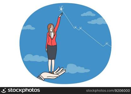 Businesswoman get helping hand from colleague reach star as business goal. Female employee or worker achieve career success. Work accomplishment or achievement. Vector illustration.. Businesswoman get helping hand reach goal